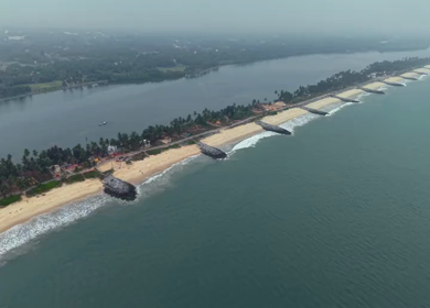Aerial View of Malpe Beach Coastline and Breakwaters in Udupi Karnataka India