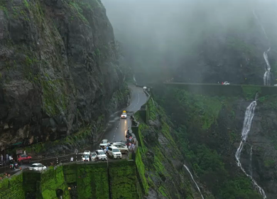 Aerial View of Malshej Ghat Road and Waterfalls Maharashtra India
