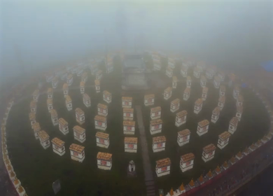 Aerial View of 108 Buddhist Stupas at Mandala Top Covered in Dense Fog near Dirang Arunachal Pradesh India