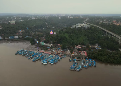 05th April 2026 : Aerial View of Mandovi River with Ferry and Panaji Cityscape Goa India
