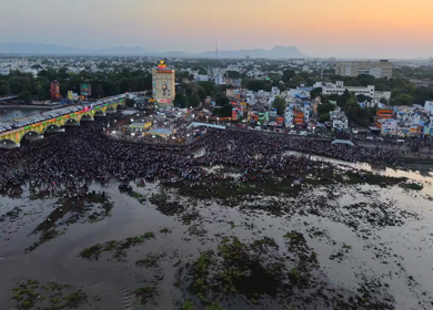 Aerial View of Massive Crowd During Azhagar Festival at Vaigai River Madurai India