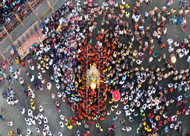 Aerial View of Massive Crowd During Azhagar Festival at Vaigai River Madurai India