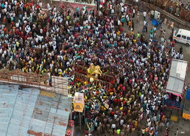 12th May 2025 : Aerial View of Massive Crowd During Azhagar Festival at Vaigai River Madurai India