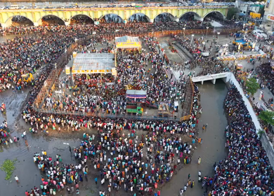 Aerial View of Massive Crowd During Azhagar Festival at Vaigai River Madurai India