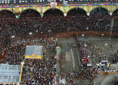 12th May 2025 : Aerial View of Massive Crowd During Azhagar Festival at Vaigai River Madurai India