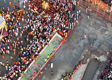 Aerial View of Massive Crowd During Azhagar Festival at Vaigai River Madurai India