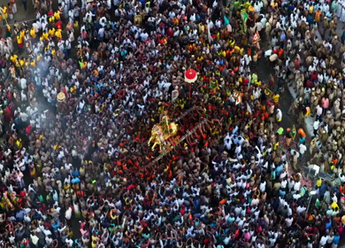 Aerial View of Massive Crowd During Azhagar Festival at Vaigai River Madurai India
