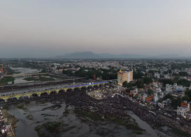 Aerial View of Massive Crowd During Azhagar Festival at Vaigai River Madurai India