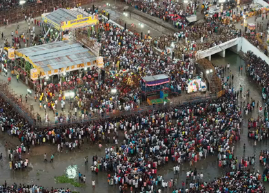 Aerial View of Massive Crowd During Azhagar Festival at Vaigai River Madurai India