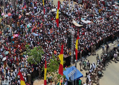 10th April 2026 : Aerial View of Massive Political Rally Crowd in Karaikudi Tamil Nadu India