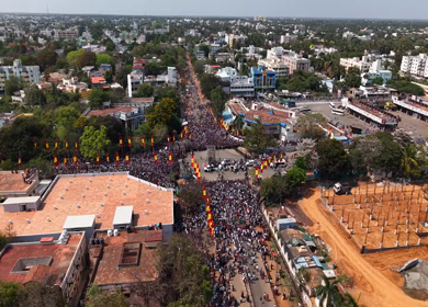 10th April 2026 : Aerial View of Massive Political Rally Crowd in Karaikudi Tamil Nadu India