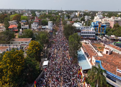 10th April 2026 : Aerial View of Massive Political Rally Crowd in Karaikudi Tamil Nadu India