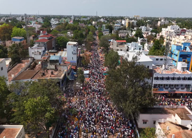 10th April 2026 : Aerial View of Massive Political Rally Crowd in Karaikudi Tamil Nadu India