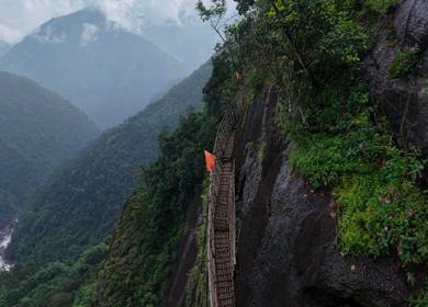 Aerial View of Mawryngkhang Bamboo Trek and Mountain Cliffs Meghalaya India