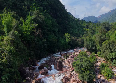 Aerial View of Mawryngkhang Bamboo Trek and Mountain Cliffs Meghalaya India