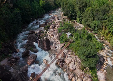 Aerial View of Mawryngkhang Bamboo Trek and Mountain Cliffs Meghalaya India
