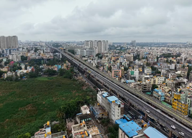 Aerial View of Waterlogged Road and Metro Corridor After Heavy Rain in Bengaluru India