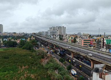 Aerial View of Waterlogged Road and Metro Corridor After Heavy Rain in Bengaluru India