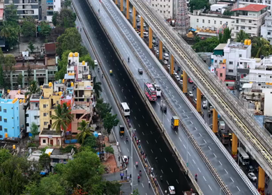 Aerial View of Waterlogged Road and Metro Corridor After Heavy Rain in Bengaluru India
