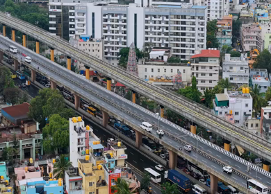 Aerial View of Waterlogged Road and Metro Corridor After Heavy Rain in Bengaluru India