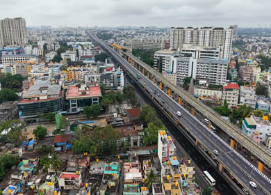 Aerial View of Waterlogged Road and Metro Corridor After Heavy Rain in Bengaluru India