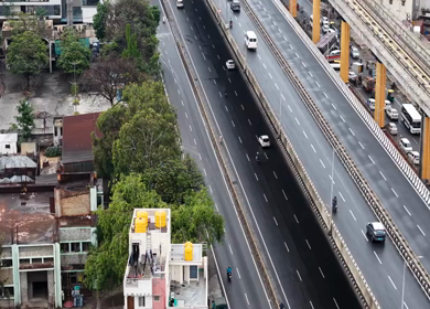 Aerial View of Waterlogged Road and Metro Corridor After Heavy Rain in Bengaluru India