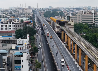 Aerial View of Waterlogged Road and Metro Corridor After Heavy Rain in Bengaluru India