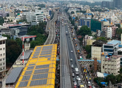 Aerial View of Waterlogged Road and Metro Corridor After Heavy Rain in Bengaluru India