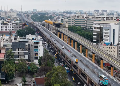 Aerial View of Waterlogged Road and Metro Corridor After Heavy Rain in Bengaluru India