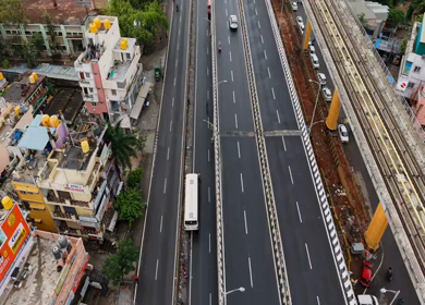 Aerial View of Waterlogged Road and Metro Corridor After Heavy Rain in Bengaluru India