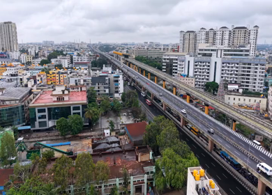 Aerial View of Waterlogged Road and Metro Corridor After Heavy Rain in Bengaluru India