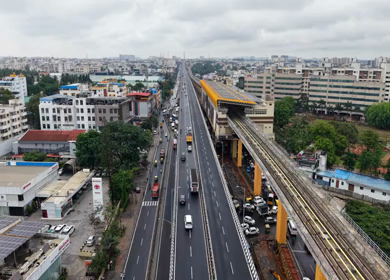 Aerial View of Waterlogged Road and Metro Corridor After Heavy Rain in Bengaluru India