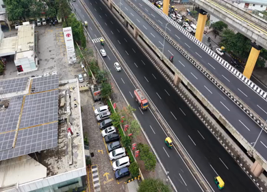 Aerial View of Waterlogged Road and Metro Corridor After Heavy Rain in Bengaluru India