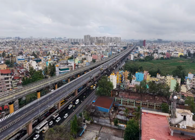 Aerial View of Waterlogged Road and Metro Corridor After Heavy Rain in Bengaluru India