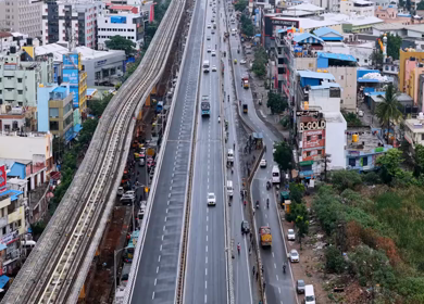 Aerial View of Waterlogged Road and Metro Corridor After Heavy Rain in Bengaluru India