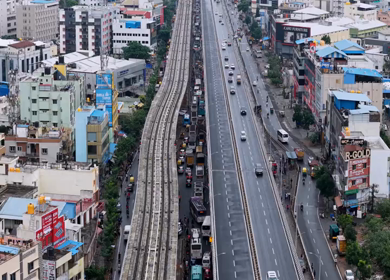 Aerial View of Waterlogged Road and Metro Corridor After Heavy Rain in Bengaluru India