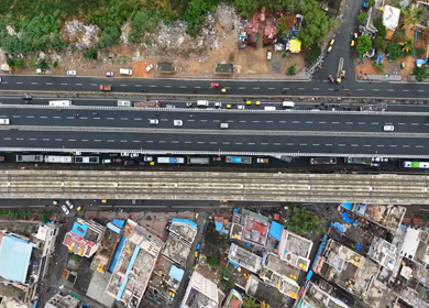 Aerial View of Waterlogged Road and Metro Corridor After Heavy Rain in Bengaluru India