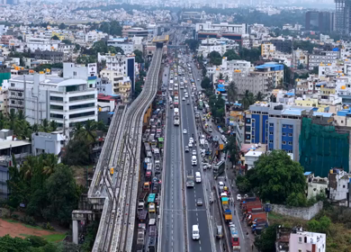 Aerial View of Waterlogged Road and Metro Corridor After Heavy Rain in Bengaluru India