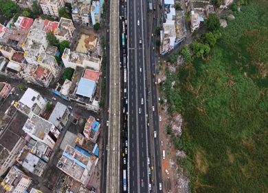 Aerial View of Waterlogged Road and Metro Corridor After Heavy Rain in Bengaluru India