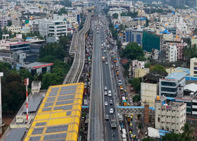 Aerial View of Waterlogged Road and Metro Corridor After Heavy Rain in Bengaluru India