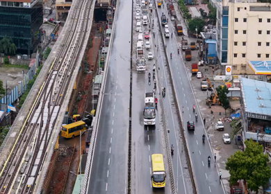 Aerial View of Waterlogged Road and Metro Corridor After Heavy Rain in Bengaluru India