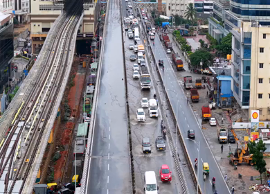 Aerial View of Waterlogged Road and Metro Corridor After Heavy Rain in Bengaluru India