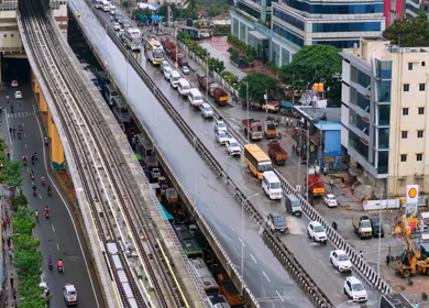 Aerial View of Waterlogged Road and Metro Corridor After Heavy Rain in Bengaluru India