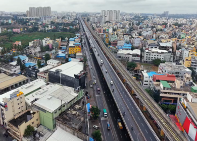 Aerial View of Waterlogged Road and Metro Corridor After Heavy Rain in Bengaluru India