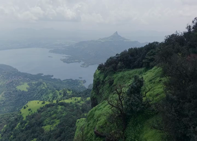 Aerial View of Morbe Reservoir and Green Hills Near Matheran, Maharashtra