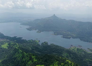Aerial View of Morbe Reservoir and Green Hills Near Matheran, Maharashtra
