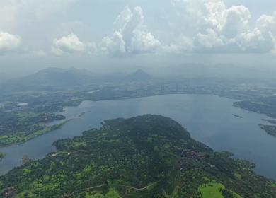 Aerial View of Morbe Reservoir and Green Hills Near Matheran, Maharashtra