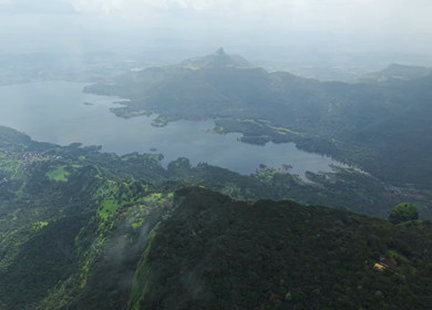 Aerial View of Morbe Reservoir and Green Hills Near Matheran, Maharashtra