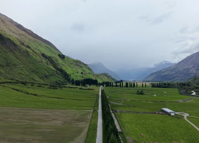 Aerial View of Mount Aspiring Road and Green Valley Near Wanaka New Zealand