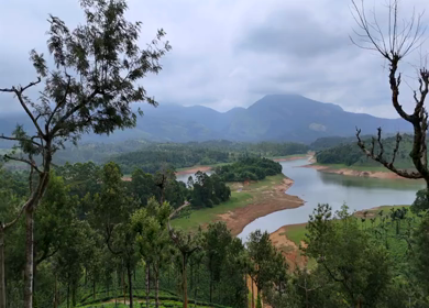 Aerial View of Mountain Reservoir and Tea Plantations in Munnar, Kerala, India